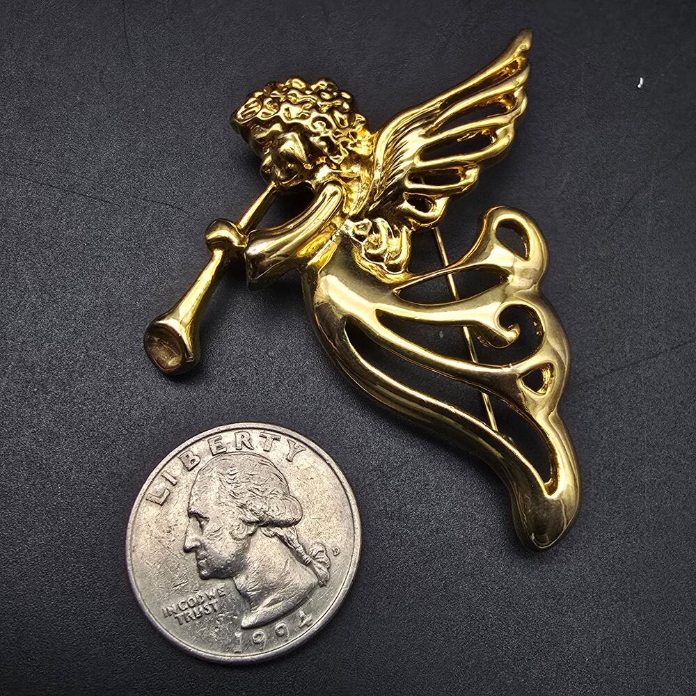 AAI Gold Tone Angel Brooch Holiday Christmas Angel with Horn - Picture 2 of 6